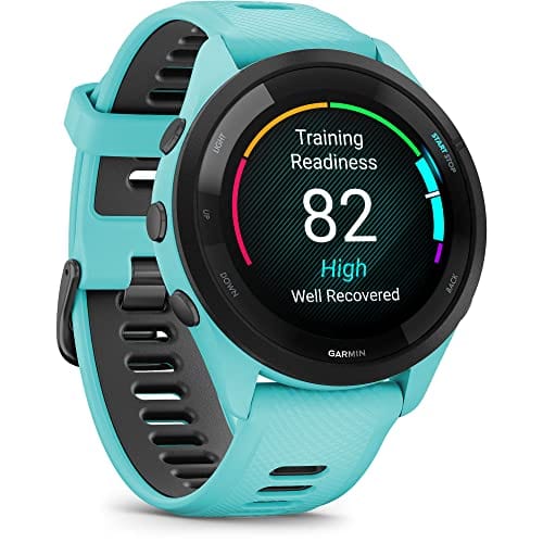 Reloj inteligente para correr Garmin Forerunner 265, pantalla AMOLED colorida, métricas de entrenamiento e información de recuperación, Whitestone y Tidal Blue 