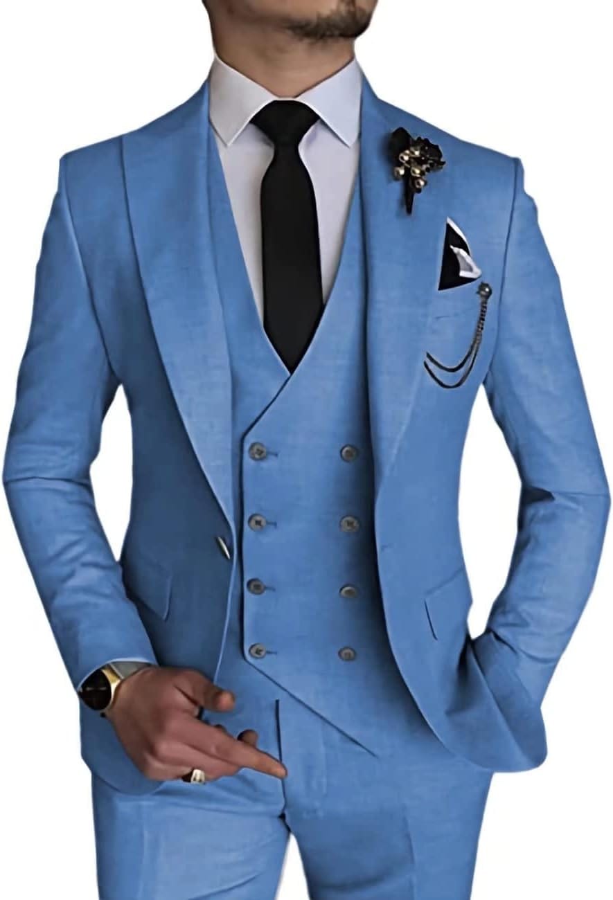 Wangyue Men's Suit Slim Fit 3 Piece Suit Double Breasted Suit One Button Formal Wedding Prom Suits