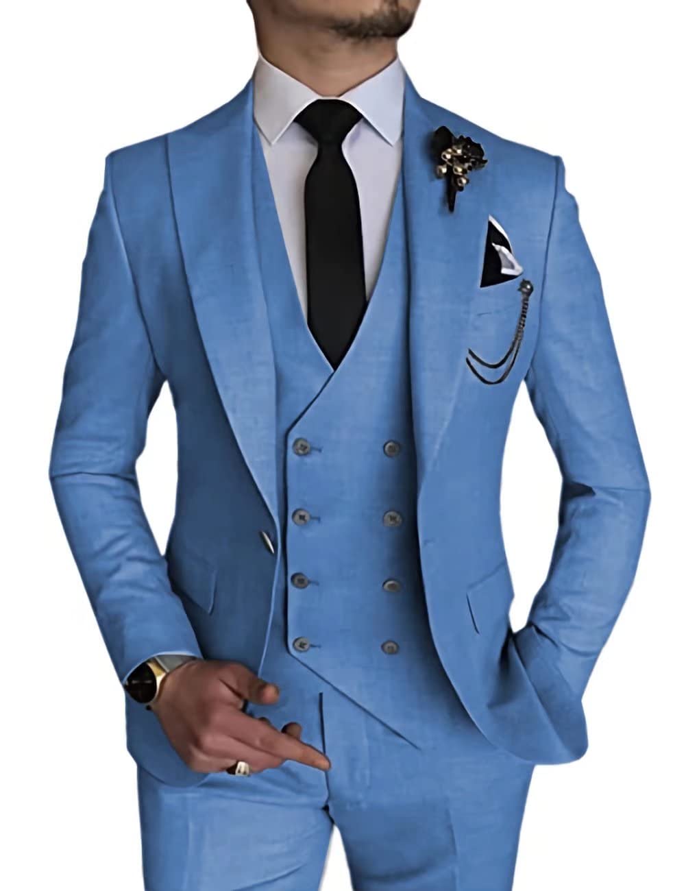 Wangyue Men's Suit Slim Fit 3 Piece Suit Double Breasted Suit One Button Formal Wedding Prom Suits