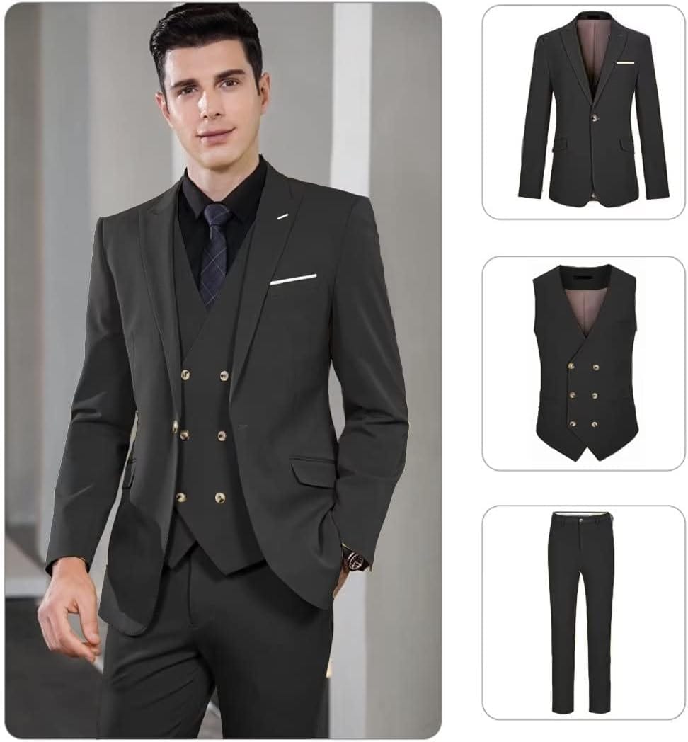 Wangyue Men's Suit Slim Fit 3 Piece Suit Double Breasted Suit One Button Formal Wedding Prom Suits