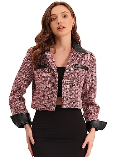 Allegra K Blazer à carreaux en tweed pour femme - Col contrasté - Double boutonnage - Veste courte vintage