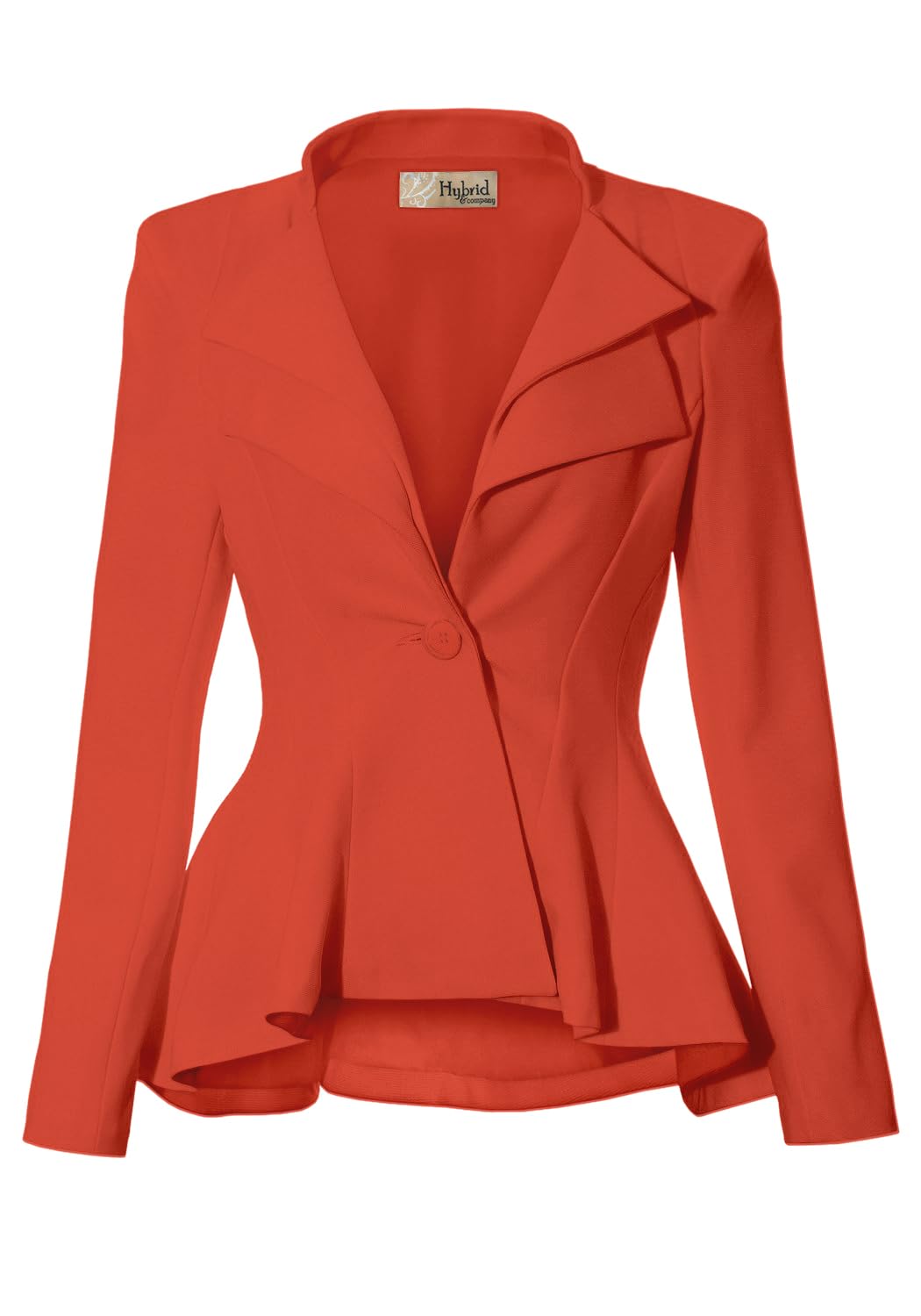 Hybrid & Company Women's Casual Work Office Dressy Double Notch Lapel Sharp Shoulder Pad Single Button Peplum Comfy Blazer