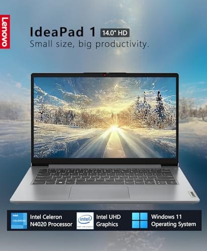 Ordinateur portable Lenovo IdeaPad 1 14, écran HD 14,0", Intel Celeron N4020, 4 Go de RAM, 64 Go de stockage, Intel UHD Graphics 600, Win 11 en mode S, gris nuage 