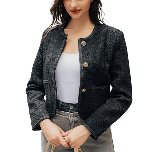 URBAN REVIVO Tweed Casual Blazer Jacket for Women Cropped Crew Open Front Gold Button Blazer Office