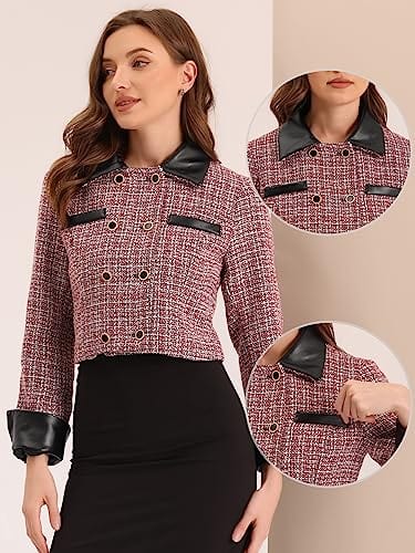 Allegra K Blazer à carreaux en tweed pour femme - Col contrasté - Double boutonnage - Veste courte vintage