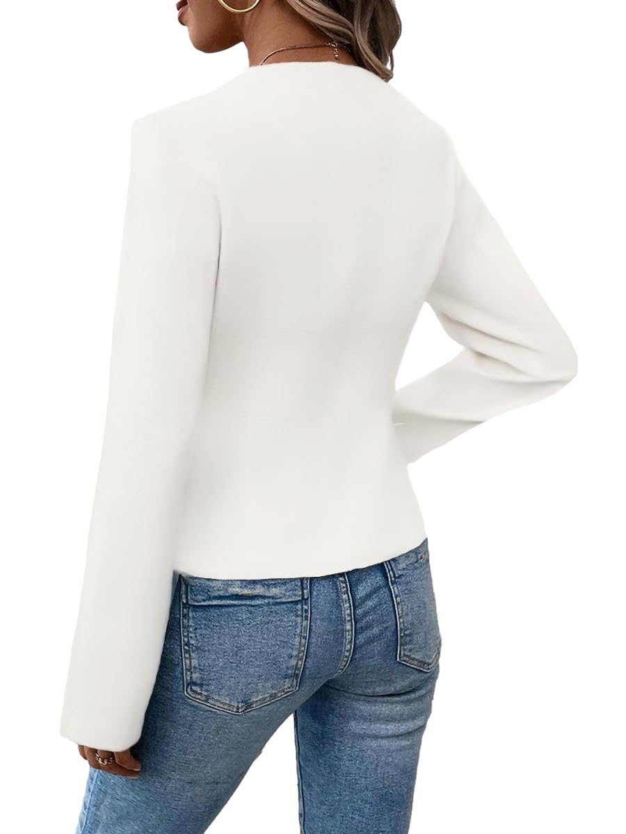 Mina Self 2024 Summer Cropped Collarless Blazer Lightweight Fully Lined Open Front Elegant Petite Work Office Jackets