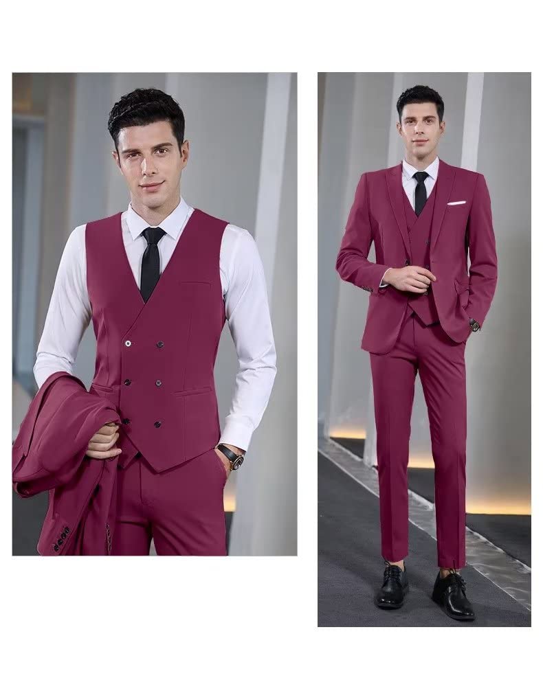 Wangyue Men's Suit Slim Fit 3 Piece Suit Double Breasted Suit One Button Formal Wedding Prom Suits