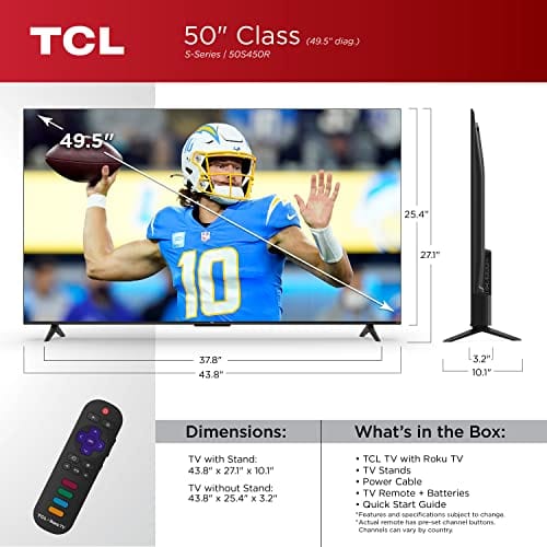 TCL Smart TV LED Class S4 4K de 50 pulgadas con Roku TV (50S450R, modelo 2023), Dolby Vision, HDR, Dolby Atmos, funciona con Alexa, Google Assistant y compatibilidad con Apple HomeKit, transmisión de televisión UHD 