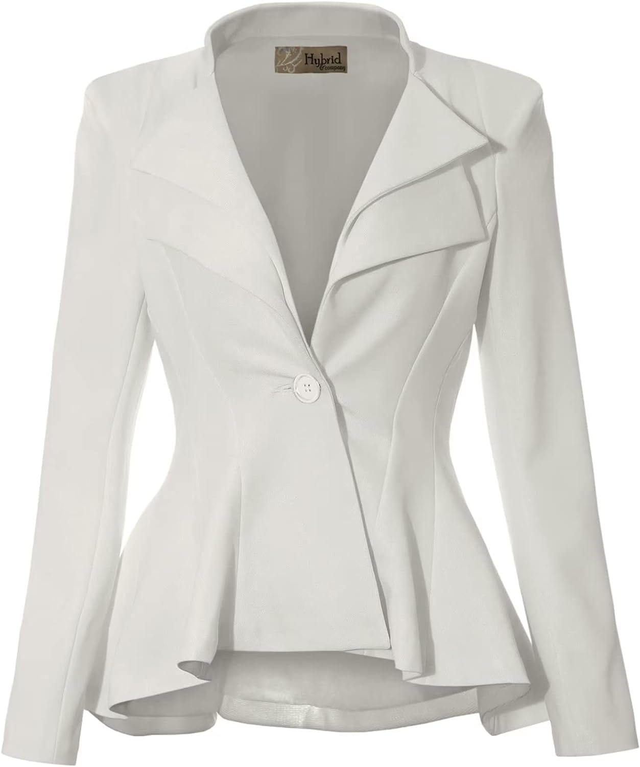 Hybrid & Company Women's Casual Work Office Dressy Double Notch Lapel Sharp Shoulder Pad Single Button Peplum Comfy Blazer