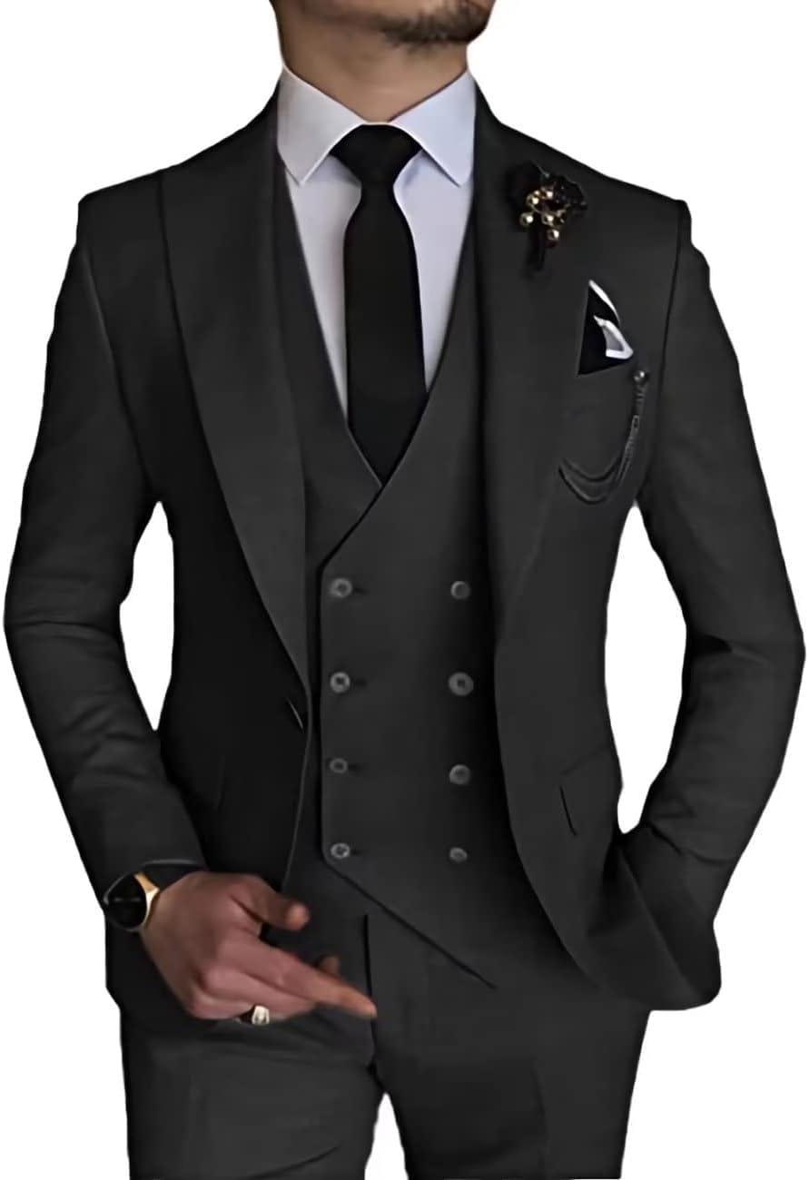 Wangyue Men's Suit Slim Fit 3 Piece Suit Double Breasted Suit One Button Formal Wedding Prom Suits