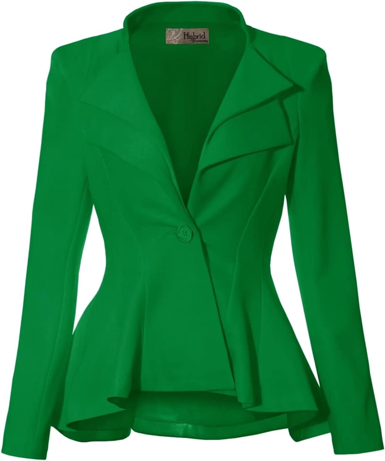 Hybrid & Company Women's Casual Work Office Dressy Double Notch Lapel Sharp Shoulder Pad Single Button Peplum Comfy Blazer