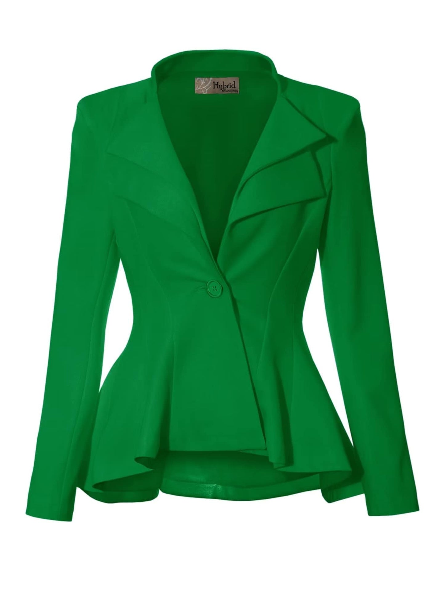 Hybrid & Company Women's Casual Work Office Dressy Double Notch Lapel Sharp Shoulder Pad Single Button Peplum Comfy Blazer