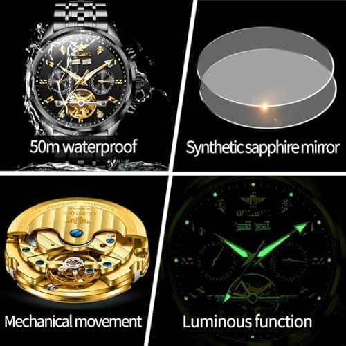 OUPINKE Mens Automatic Watches Diamond Luxury Dress Self Winding Mechanical Waterproof Tungsten Steel Dual Date Wrist Watch