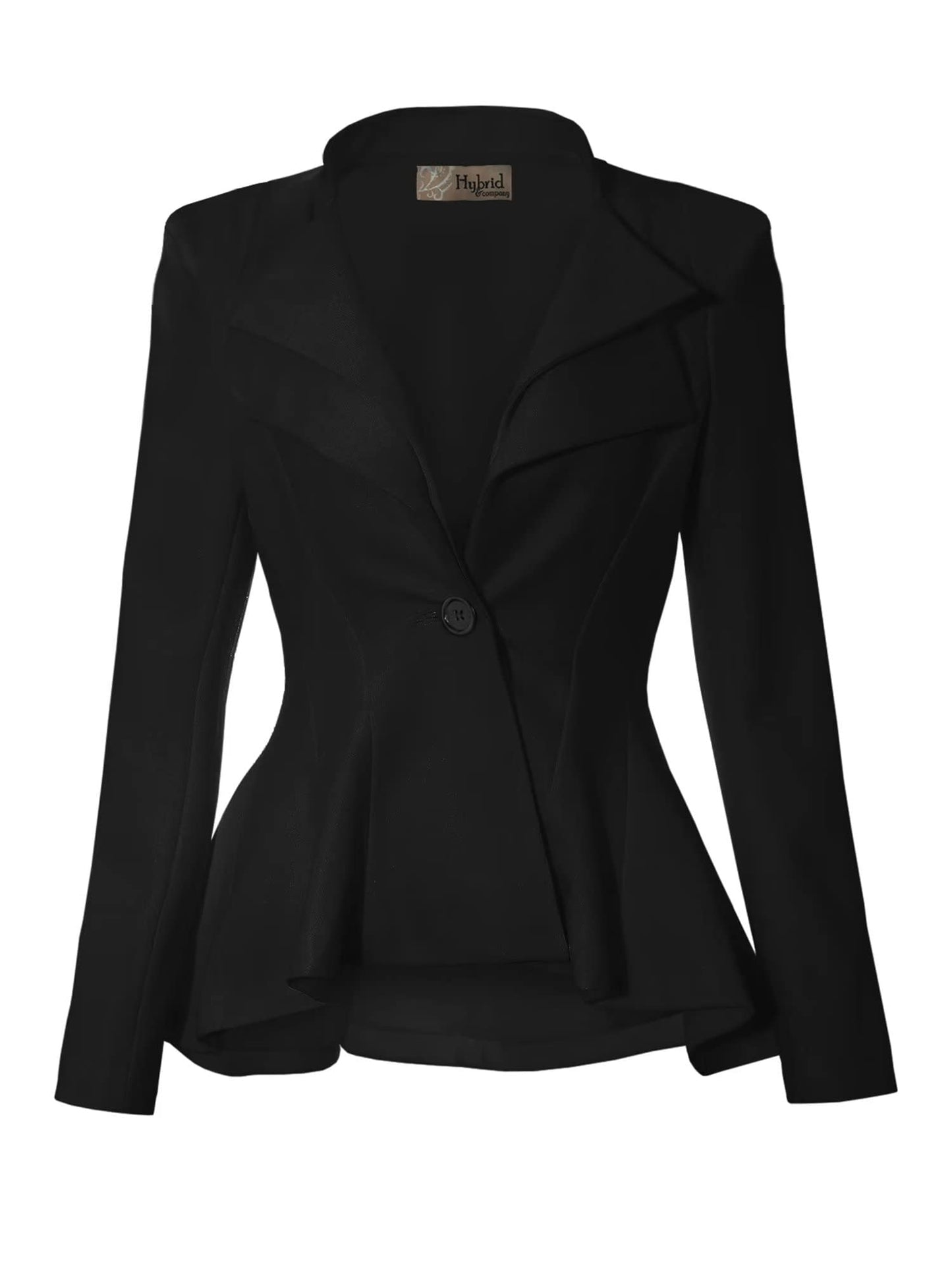 Hybrid & Company Women's Casual Work Office Dressy Double Notch Lapel Sharp Shoulder Pad Single Button Peplum Comfy Blazer