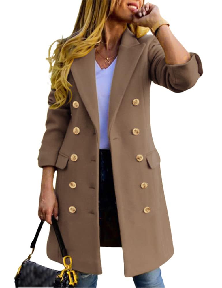 IDEALSANXUN Womens Fall Winter Wool Coats Double Breasted Midi Peacoat Trench Coats