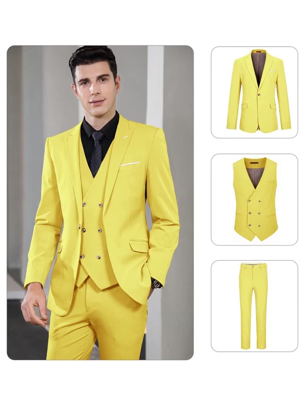 Wangyue Men's Suit Slim Fit 3 Piece Suit Double Breasted Suit One Button Formal Wedding Prom Suits