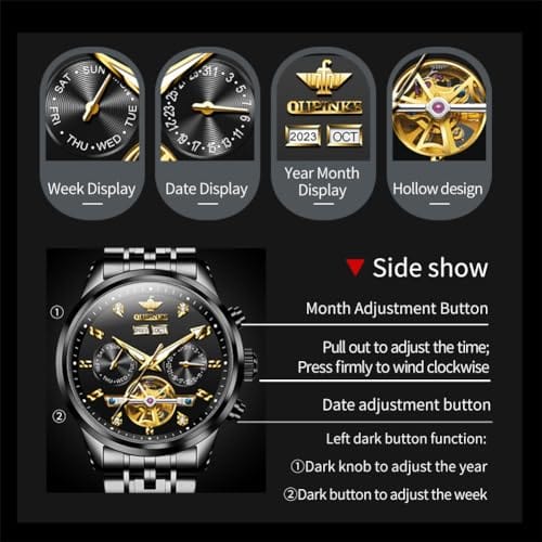 OUPINKE Mens Automatic Watches Diamond Luxury Dress Self Winding Mechanical Waterproof Tungsten Steel Dual Date Wrist Watch