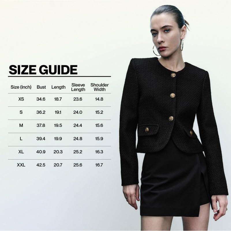 Women's Cropped Crew Neck Casual Tweed Blazer Elegant Slim Long Sleeve Jacket with Fake Pockets