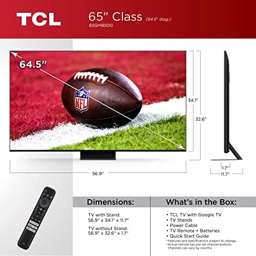 TCL 65 inches QM8 QLED 4K Smart Mini LED TV with Google (65QM850G, 2023 Model) Dolby Vision, Atmos, HDR Ultra, Game Accelerator up to 240Hz, Voice Remote, Works Alexa, Streaming Television, Black