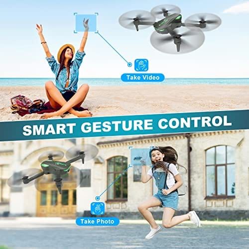 Drone con cámara 1080P para principiantes y niños, cuadricóptero de control remoto plegable con control de voz, gestos selfie, retención de altitud, inicio con una tecla, giros 3D, 2 baterías, juguetes regalos para niños niñas 