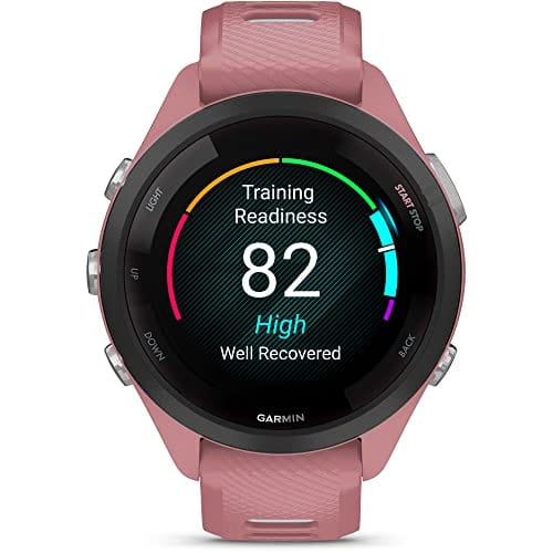 Montre intelligente de course Garmin Forerunner 265, écran AMOLED coloré, mesures d'entraînement et informations de récupération, pierre blanche et bleu marée 