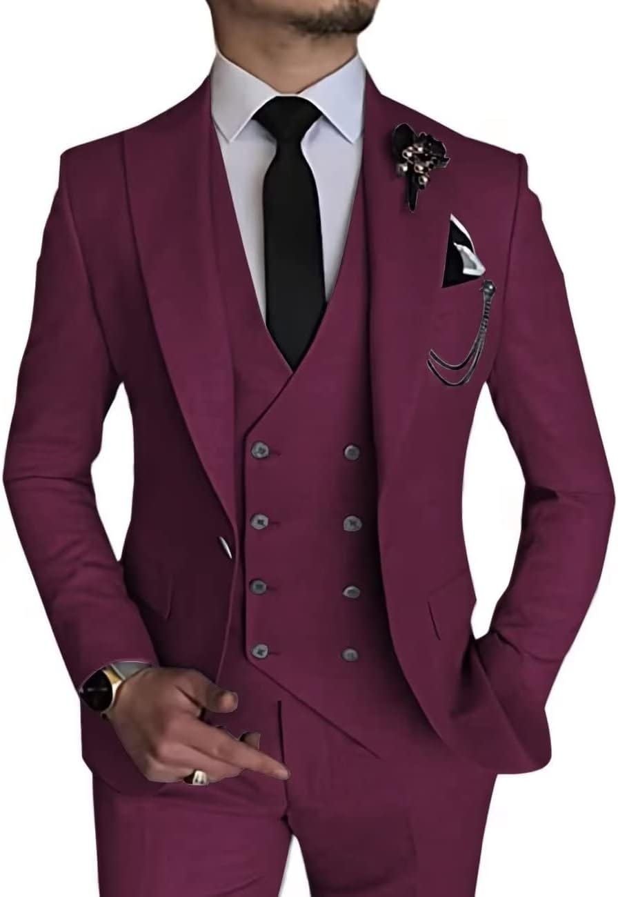 Wangyue Men's Suit Slim Fit 3 Piece Suit Double Breasted Suit One Button Formal Wedding Prom Suits