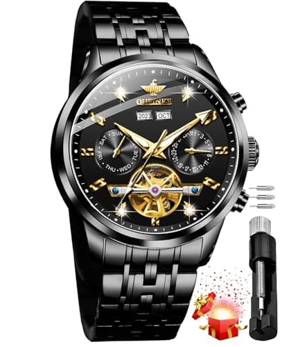 OUPINKE Mens Automatic Watches Diamond Luxury Dress Self Winding Mechanical Waterproof Tungsten Steel Dual Date Wrist Watch