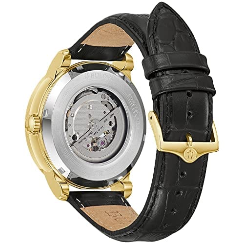 Bulova Reloj clásico automático para hombre con correa de cuero de 3 manecillas, 21 joyas, función Hack, manecillas y marcadores luminosos, apertura abierta y fondo de caja de exhibición 