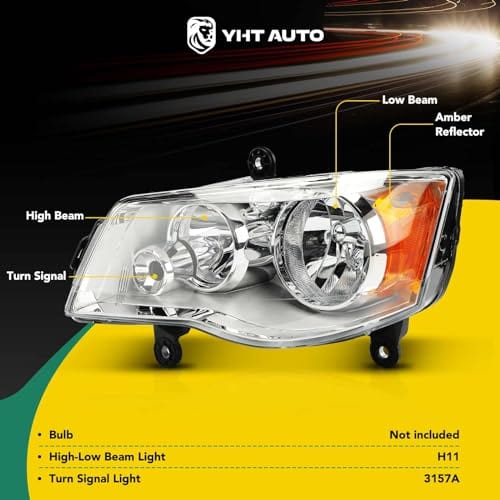 YHTAUTO Headlights Assembly Fits 2008-2016 Chrysler Town & Country, 2011-2020 Dodge Grand Caravan Head Lights Lamps Clear Lens Chrome Housing Waterproof Headlamps DOT Approved