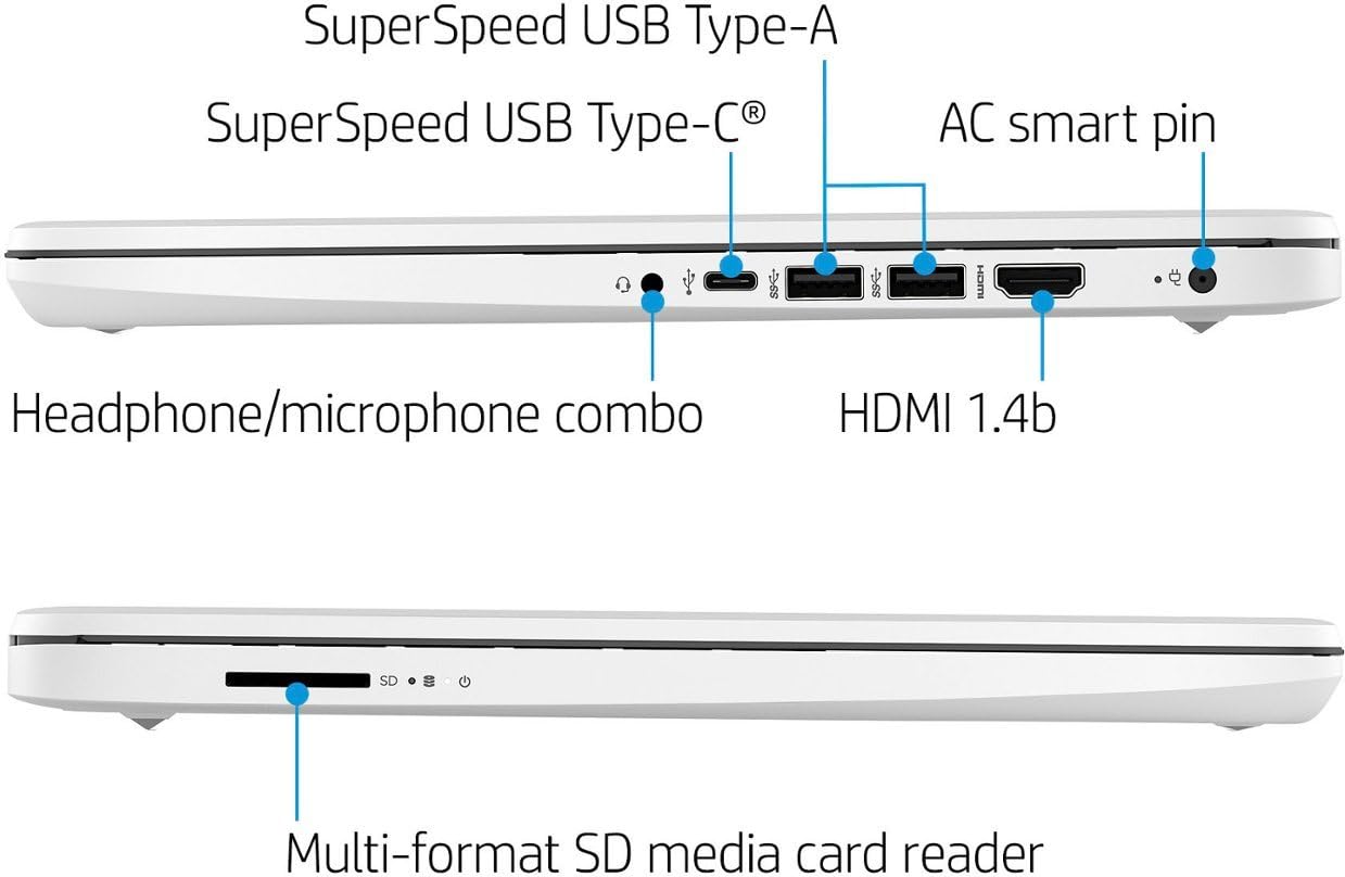 Laptop HP 14, Intel Celeron N4020, 4 GB de RAM, 64 GB de almacenamiento, pantalla HD Micro-edge de 14 pulgadas, Windows 11 Home, delgada y portátil, gráficos 4K, un año de Microsoft 365 (14-dq0040nr, blanco copo de nieve) 