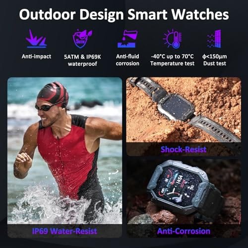 AMAZTIM Smart Watch, 60 Days Extra-Long Battery, 50M Waterproof, Rugged Military Bluetooth Call(Answer/Dial Calls),1.85" Ultra Large HD Display, AI Voice Assistant,Compatible for Android and iOS(Red)