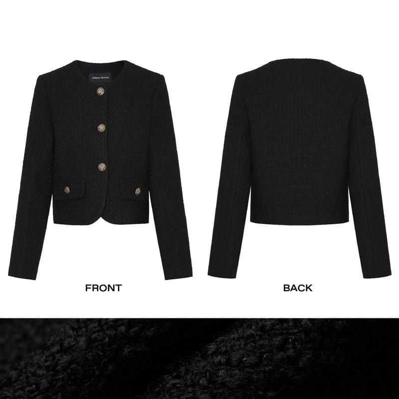 Women's Cropped Crew Neck Casual Tweed Blazer Elegant Slim Long Sleeve Jacket with Fake Pockets