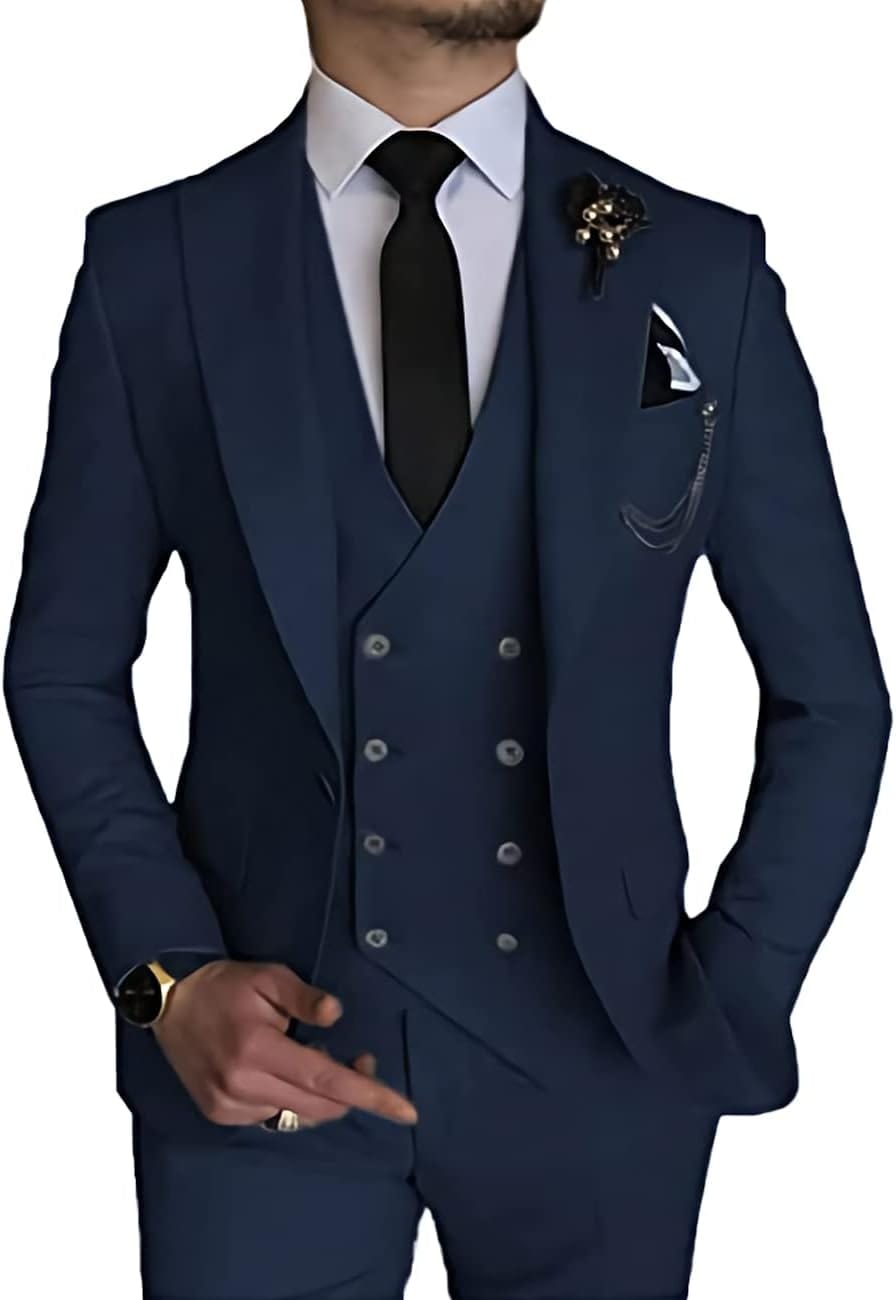 Wangyue Men's Suit Slim Fit 3 Piece Suit Double Breasted Suit One Button Formal Wedding Prom Suits