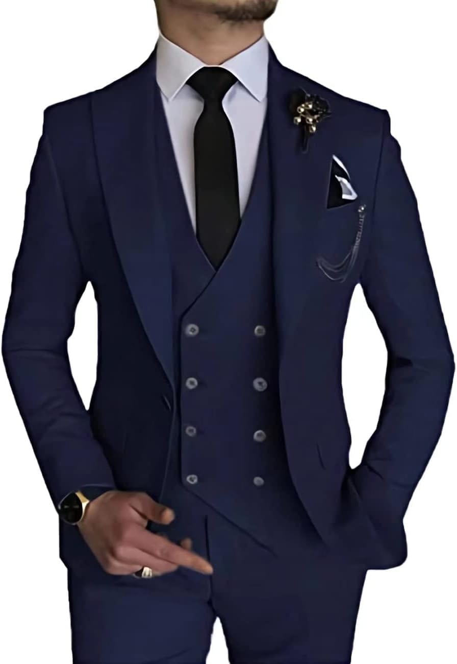 Wangyue Men's Suit Slim Fit 3 Piece Suit Double Breasted Suit One Button Formal Wedding Prom Suits