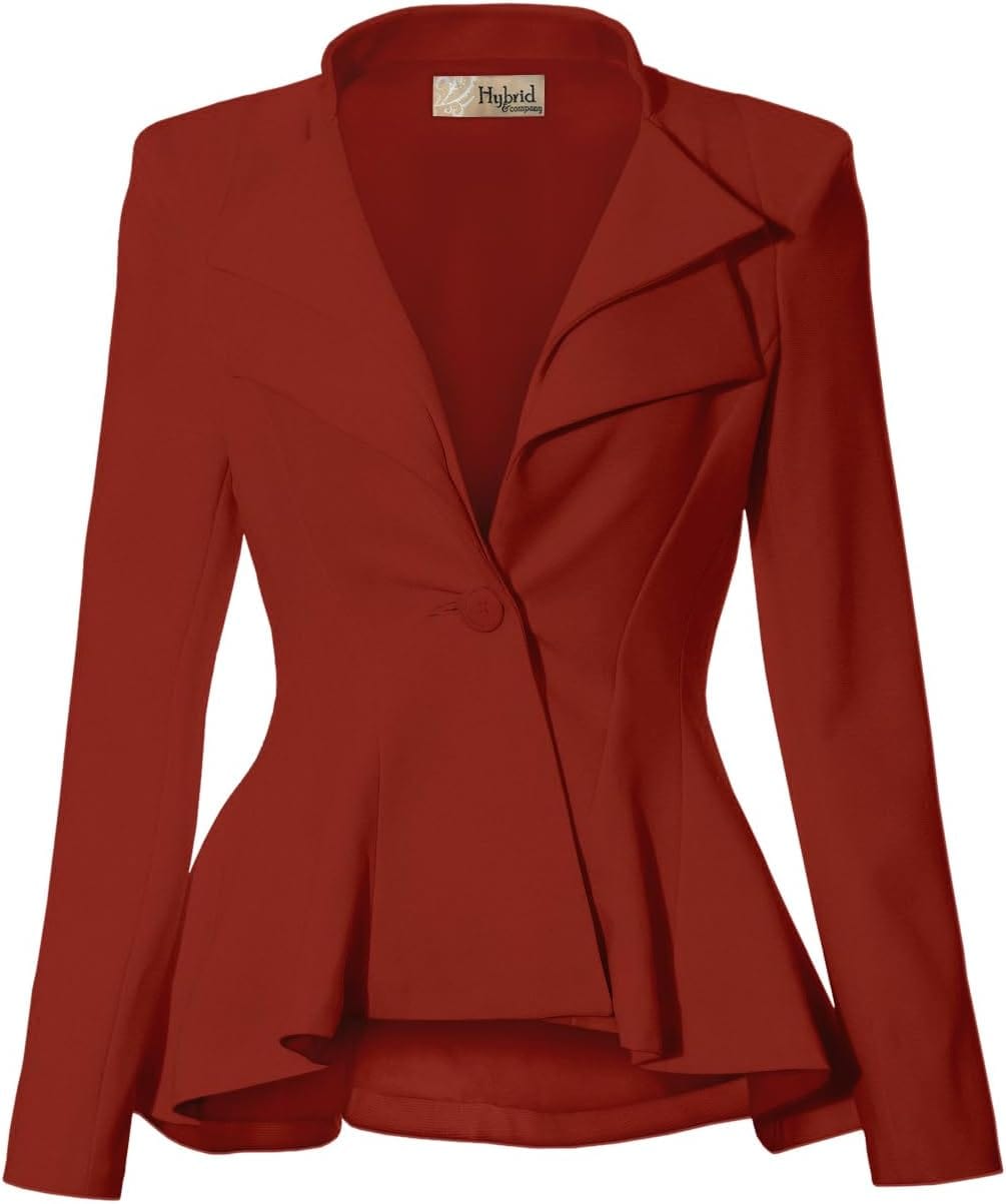 Hybrid & Company Women's Casual Work Office Dressy Double Notch Lapel Sharp Shoulder Pad Single Button Peplum Comfy Blazer