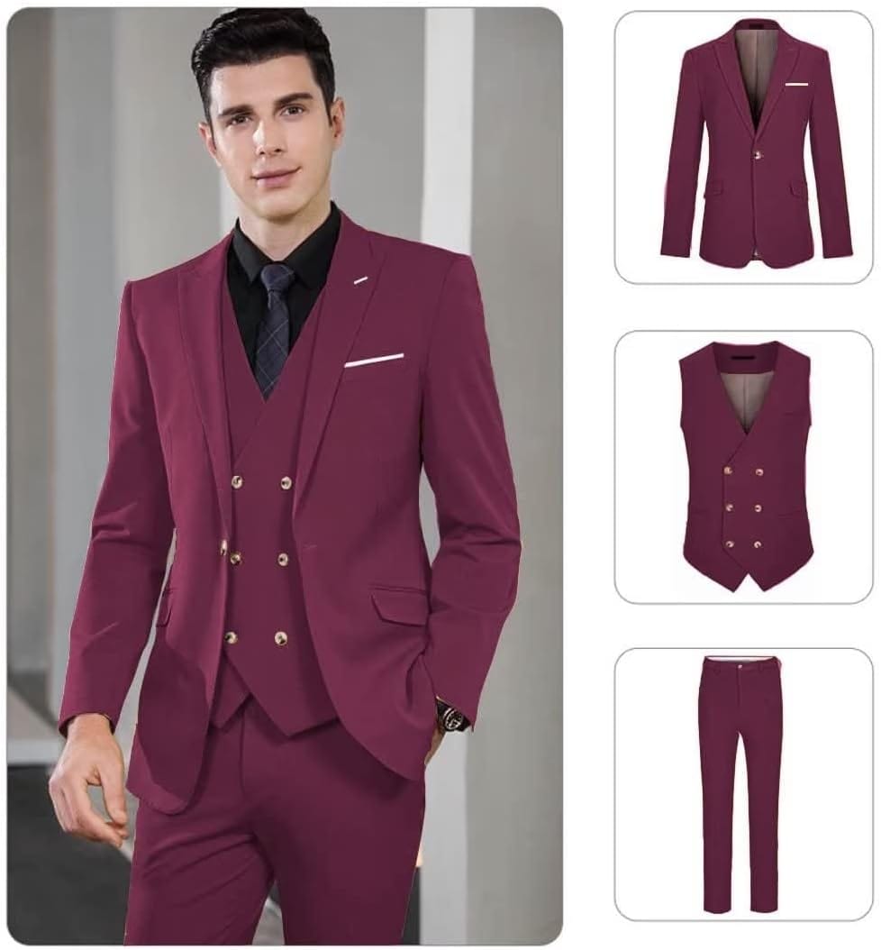 Wangyue Men's Suit Slim Fit 3 Piece Suit Double Breasted Suit One Button Formal Wedding Prom Suits