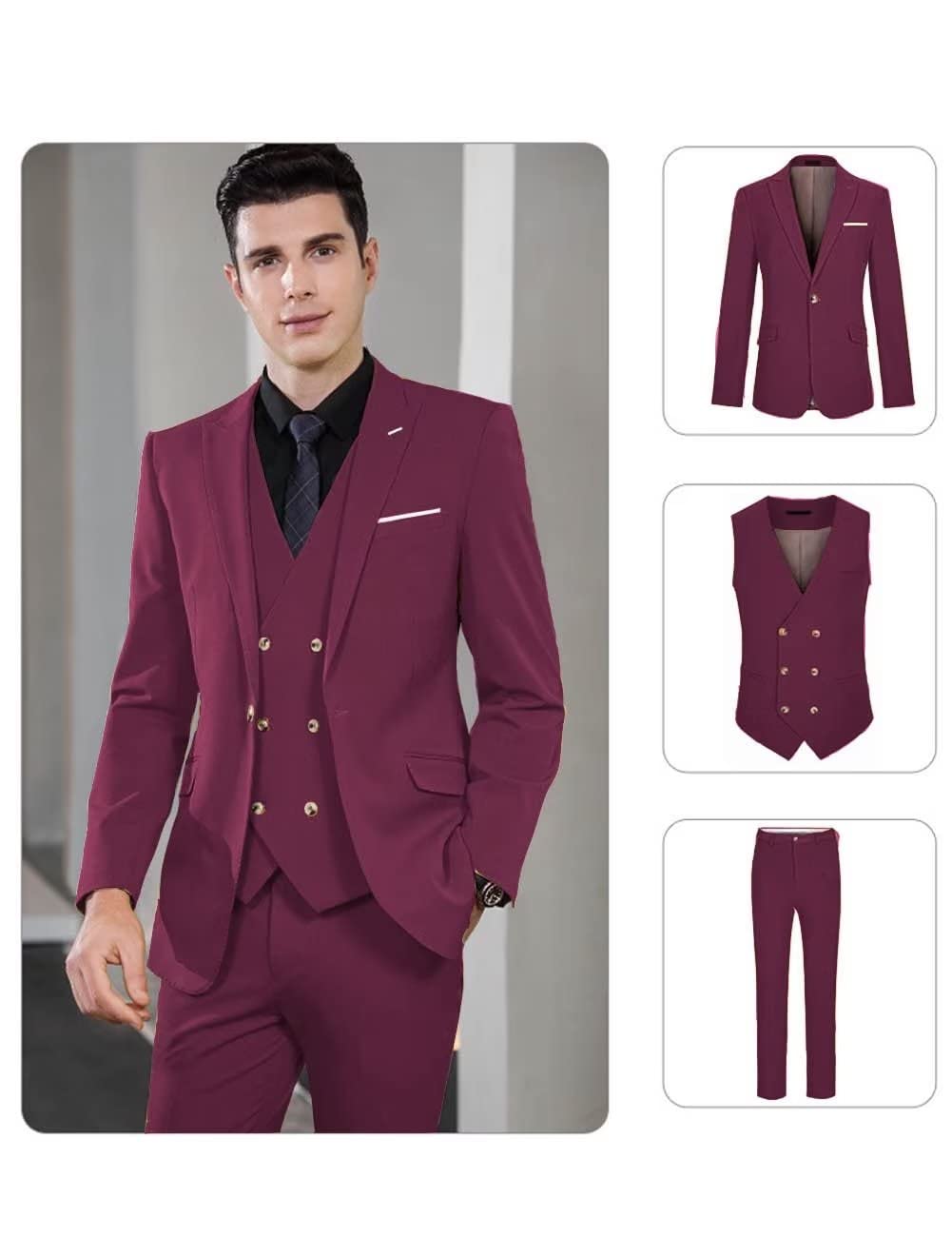 Wangyue Men's Suit Slim Fit 3 Piece Suit Double Breasted Suit One Button Formal Wedding Prom Suits