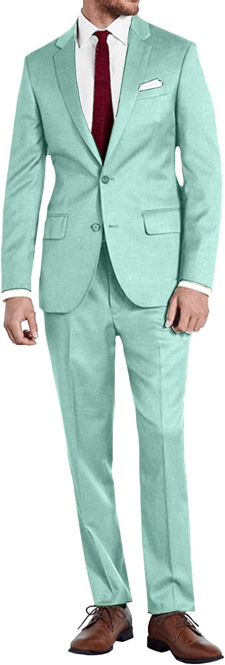 Mens Slim Fit 2 Piece Suit Two Button Notched Lapel Solid Suit Jacket Pants Set Tuxedo for Prom