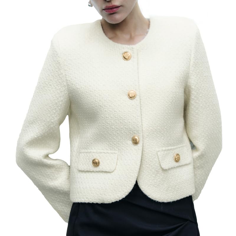 Women's Cropped Crew Neck Casual Tweed Blazer Elegant Slim Long Sleeve Jacket with Fake Pockets