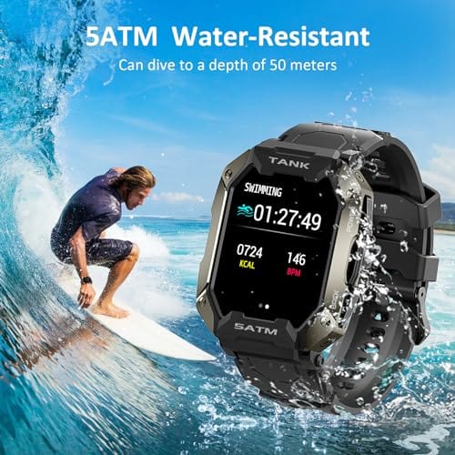 AMAZTIM Smart Watch, 60 Days Extra-Long Battery, 50M Waterproof, Rugged Military Bluetooth Call(Answer/Dial Calls),1.85" Ultra Large HD Display, AI Voice Assistant,Compatible for Android and iOS(Red)