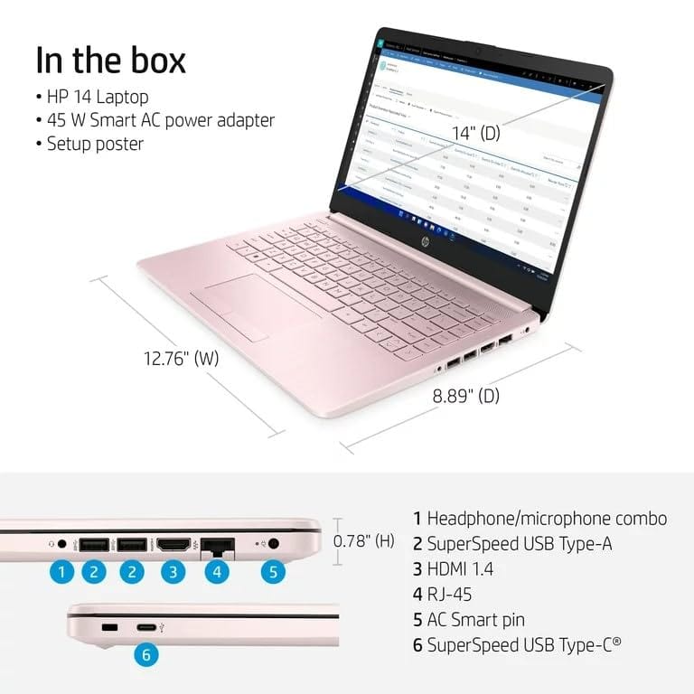 Laptop HP 14, Intel Celeron N4020, 4 GB de RAM, 64 GB de almacenamiento, pantalla HD Micro-edge de 14 pulgadas, Windows 11 Home, delgada y portátil, gráficos 4K, un año de Microsoft 365 (14-dq0040nr, blanco copo de nieve) 