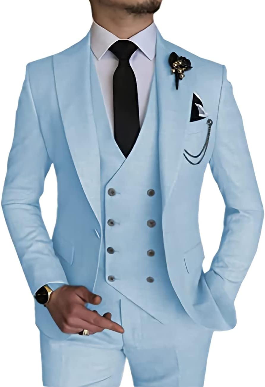 Wangyue Men's Suit Slim Fit 3 Piece Suit Double Breasted Suit One Button Formal Wedding Prom Suits