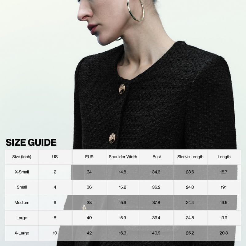 Women's Cropped Crew Neck Casual Tweed Blazer Elegant Slim Long Sleeve Jacket with Fake Pockets