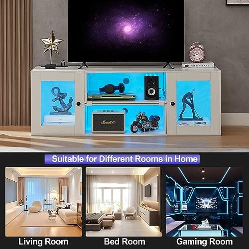 VECELO Soporte para TV LED para televisores de hasta 70 pulgadas Centro de entretenimiento moderno con consola multimedia de almacenamiento con 23 opciones de parpadeo y 4 modos personalizables para sala de estar, dormitorio, negro brillante 