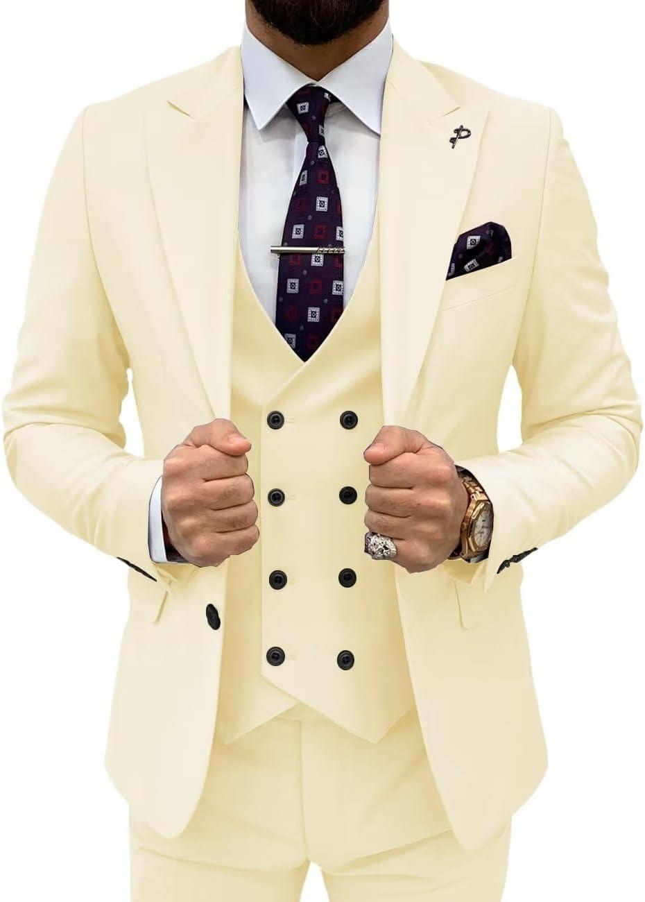 Double Breasted 3 Pieces Suit Men Slim Fit Classic One Button Jacket Blazer Vest Pants Set Formal Wedding Tuxedo