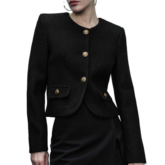 Women's Cropped Crew Neck Casual Tweed Blazer Elegant Slim Long Sleeve Jacket with Fake Pockets