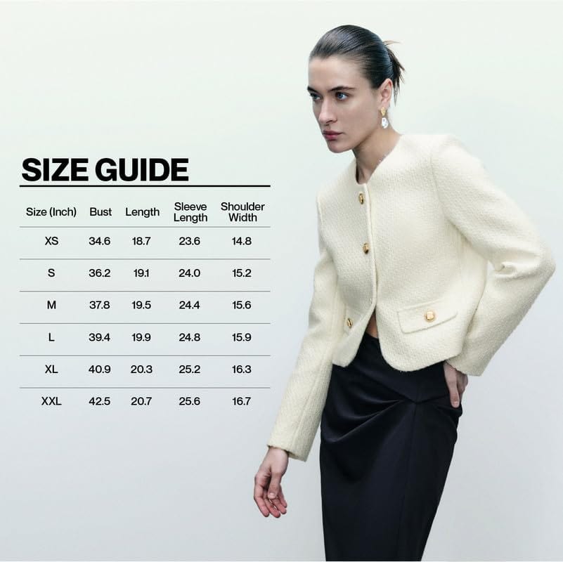 Women's Cropped Crew Neck Casual Tweed Blazer Elegant Slim Long Sleeve Jacket with Fake Pockets