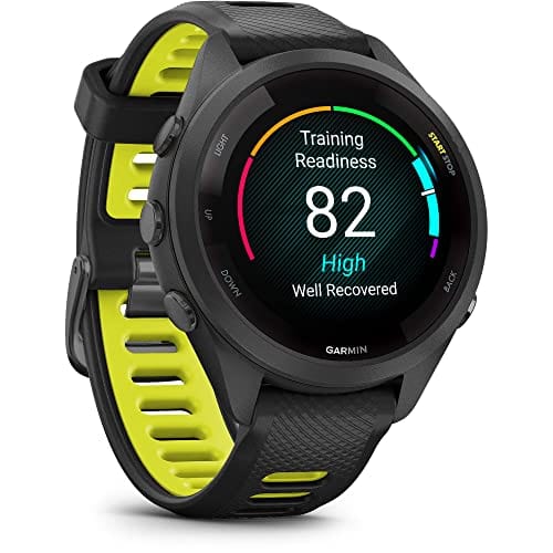 Montre intelligente de course Garmin Forerunner 265, écran AMOLED coloré, mesures d'entraînement et informations de récupération, pierre blanche et bleu marée 