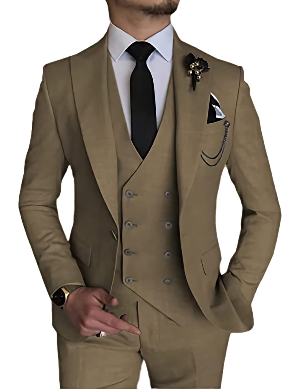 Wangyue Men's Suit Slim Fit 3 Piece Suit Double Breasted Suit One Button Formal Wedding Prom Suits