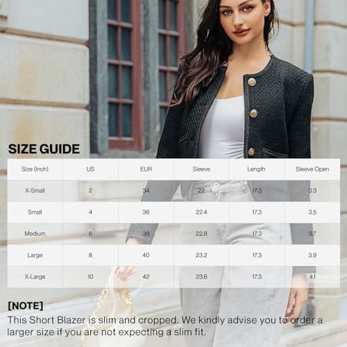 URBAN REVIVO Tweed Casual Blazer Jacket for Women Cropped Crew Open Front Gold Button Blazer Office